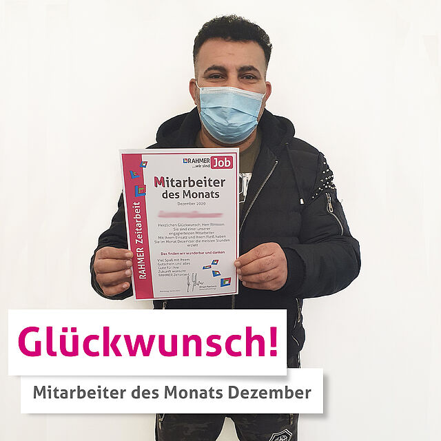 RAHMER Zeitarbeit gratuliert Lucian B., dem Mitarbeiter des Monats Dezember 2020