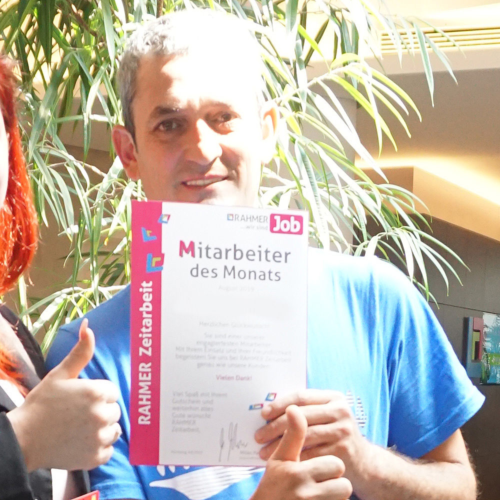 Albert M., der Mitarbeiter des Monats August 2019 von RAHMER Zeitarbeit. Albert M., der Mitarbeiter des Monats August 2019 von RAHMER Zeitarbeit.