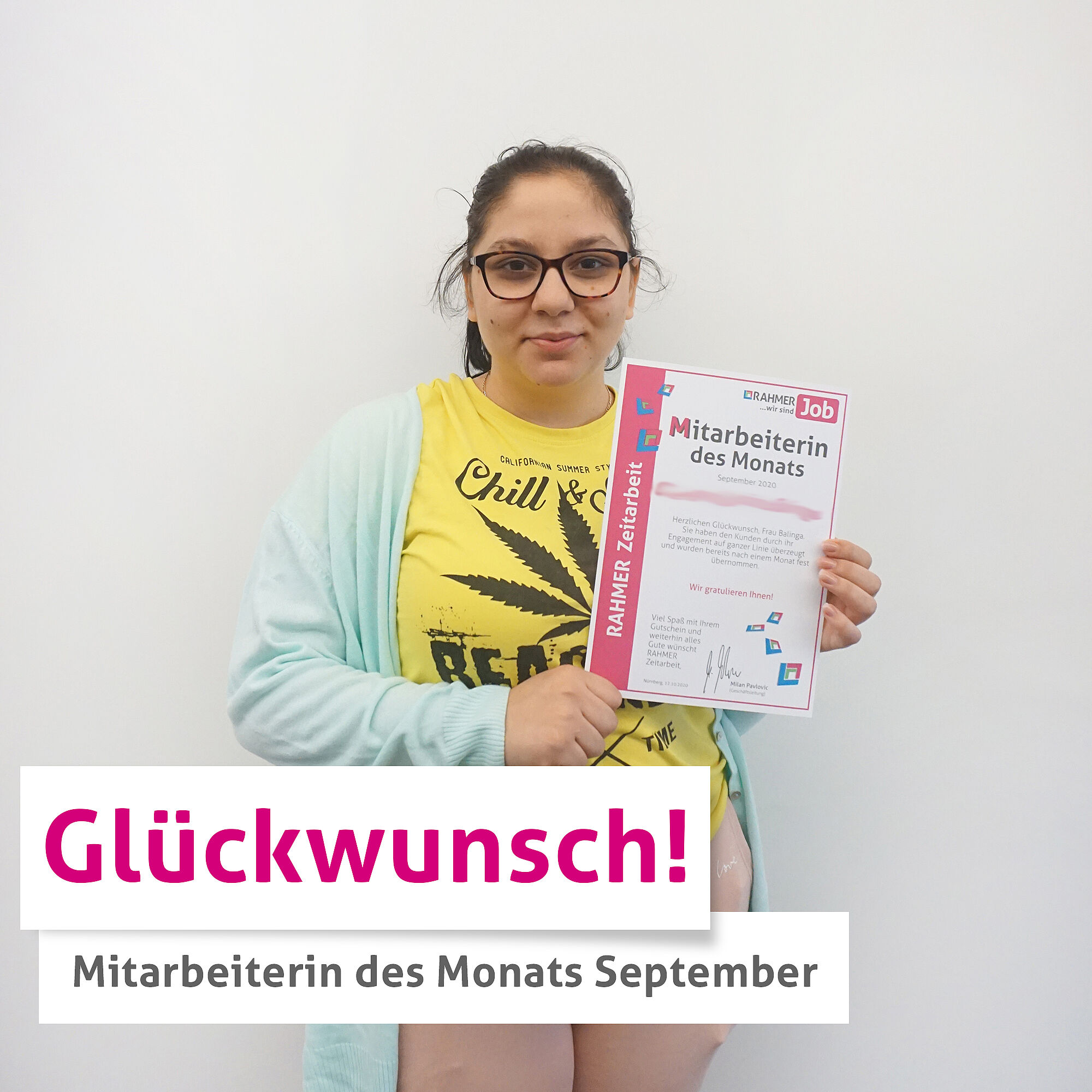 Wir gratulieren der Mitarbeiterin des Monats September von RAHMER Zeitarbeit